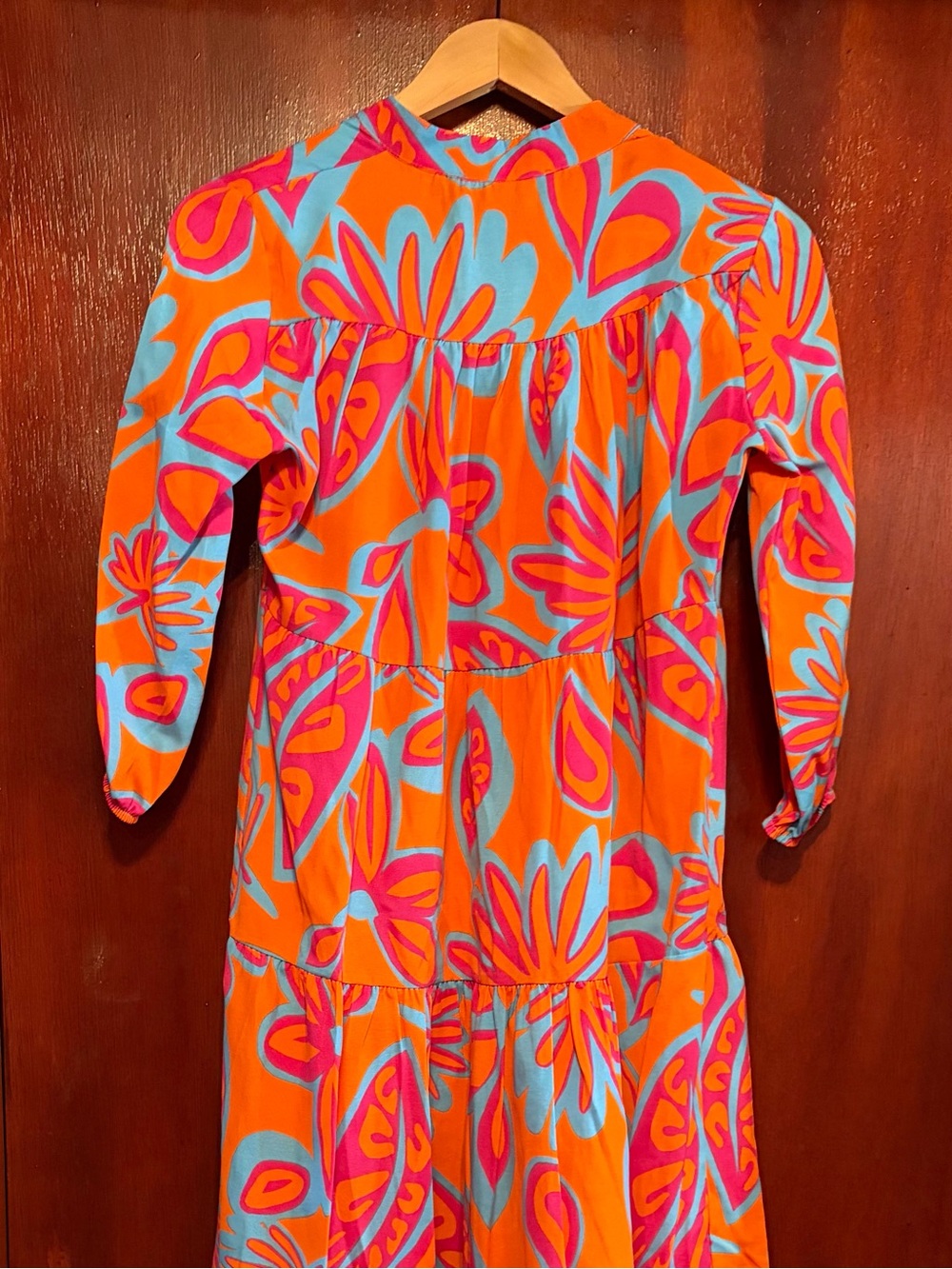 Women’s Bright Orange & Pink Floral Dress with Blue Accents - Picture 2 of 5